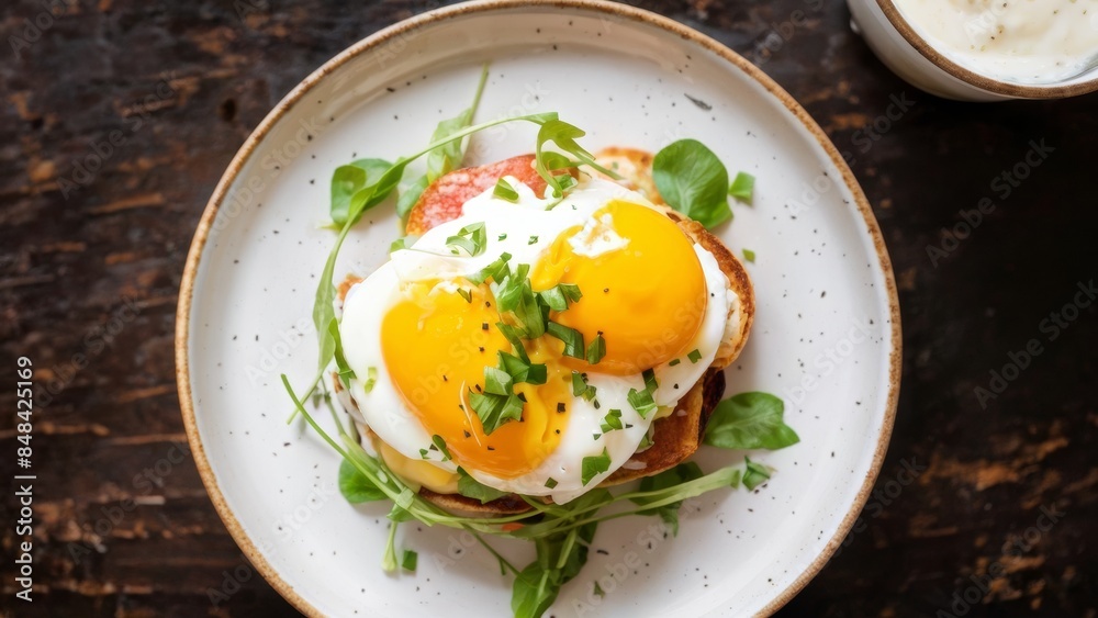 Breakfast, eggs Benedict on the toaster sprinkled with herbs. Breakfast, eggs Benedict on the toaster sprinkled with herbs.