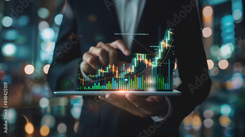 Business Man Holding Tablet And Showing Holograph.