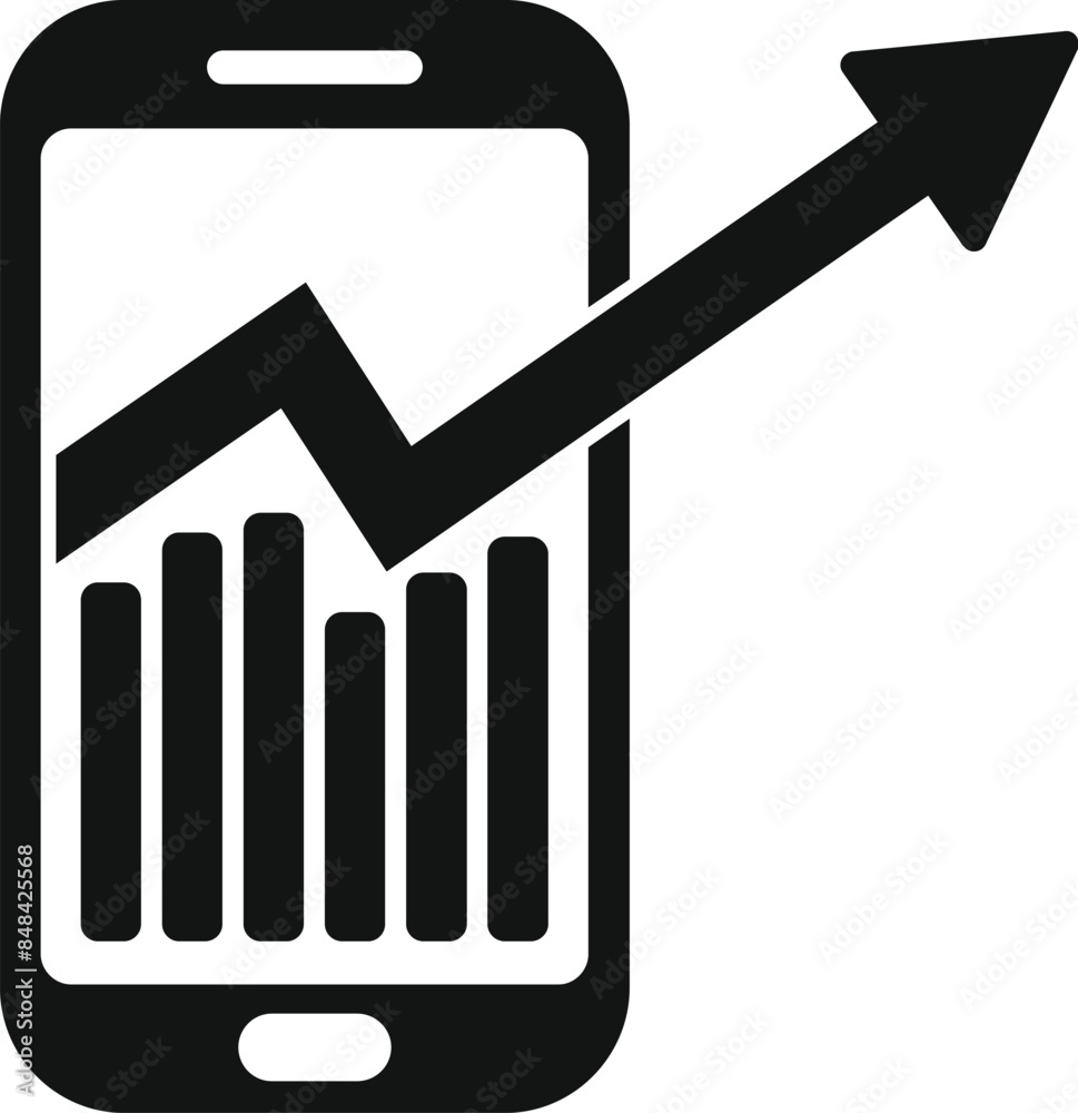 Mobile phone displaying a financial chart with a rising arrow, symbolizing business growth Mobile phone displaying a financial chart with a rising arrow, symbolizing business growth