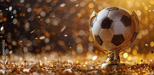 Golden Soccer Trophy Surrounded by Confetti