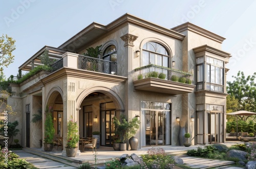 Modern Stone Mansion With Balconies and Lush Greenery © olegganko