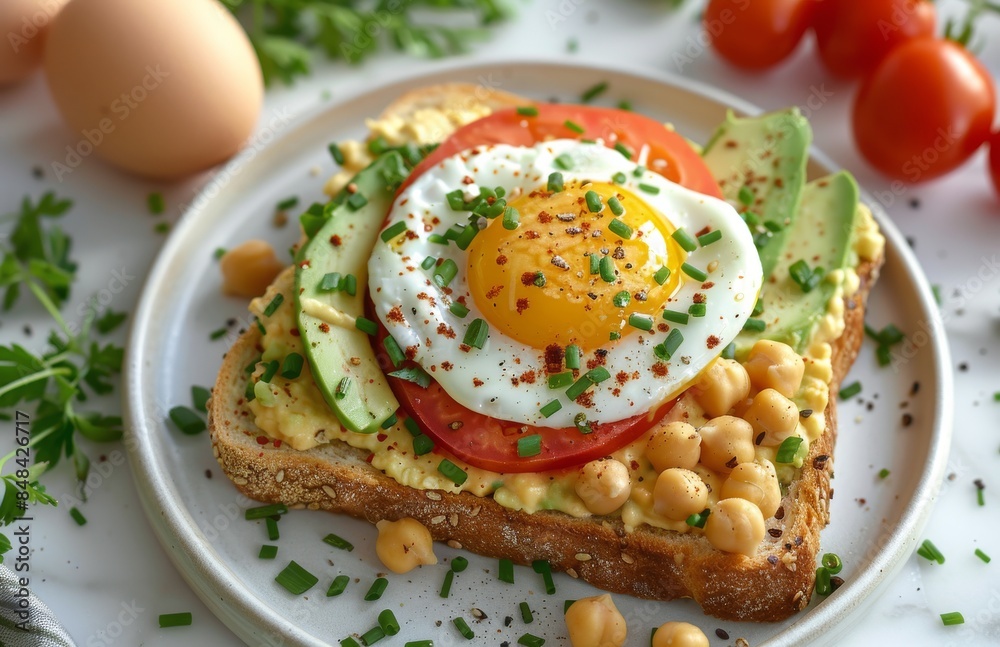 Chickpea and Tomato Open-Faced Sandwich With Egg on Multigrain Bread Chickpea and Tomato Open-Faced Sandwich With Egg on Multigrain Bread