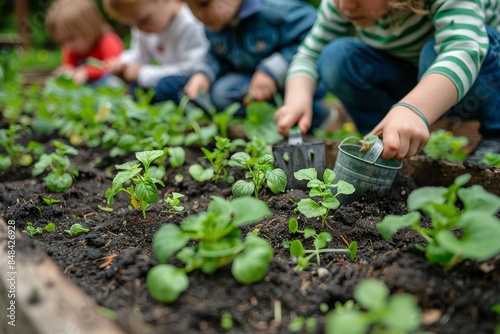 Children Planting Green Seedlings in a Garden Bed