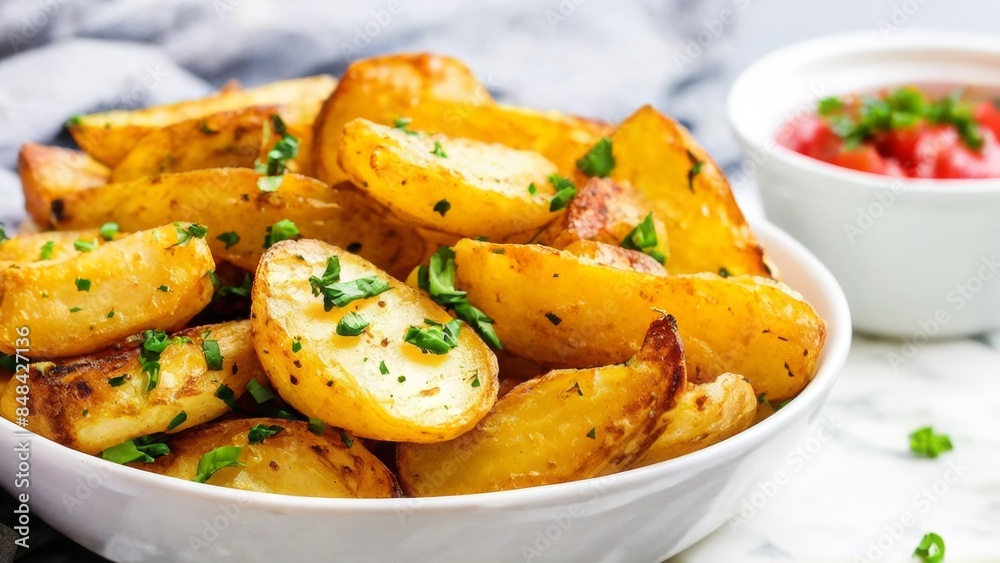 Potato slices baked in spices. Everything is sprinkled with herbs. There is a sauce nearby. Potato slices baked in spices. Everything is sprinkled with herbs. There is a sauce nearby.