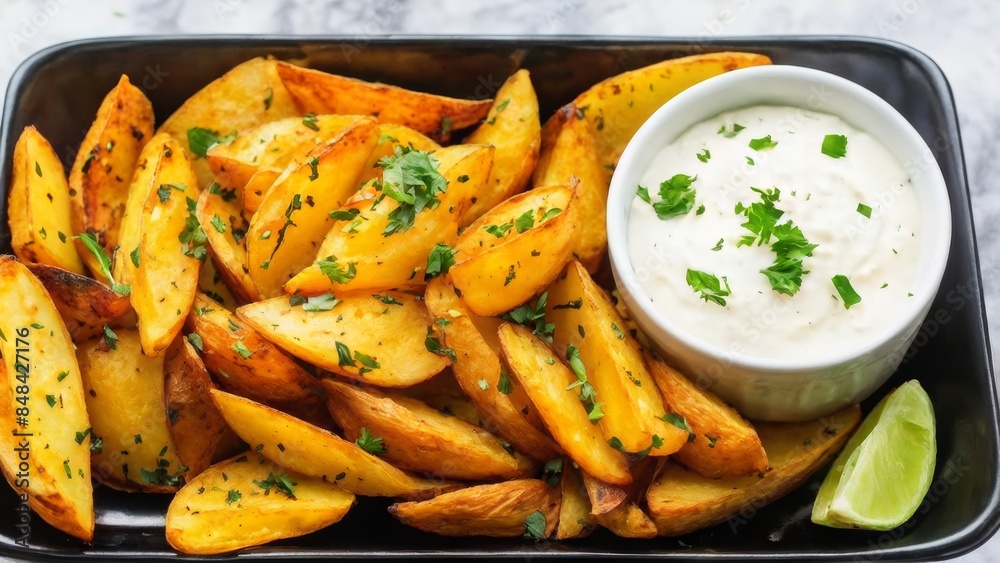 Potato slices baked in spices. Everything is sprinkled with herbs. There is a sauce nearby. Potato slices baked in spices. Everything is sprinkled with herbs. There is a sauce nearby.