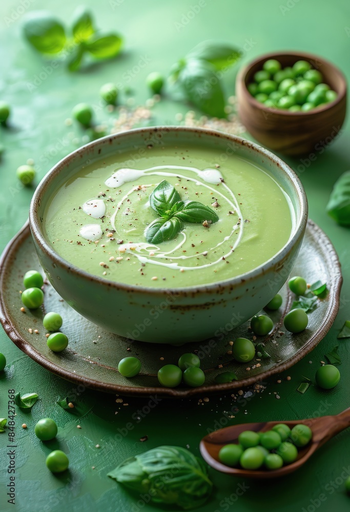 Green Pea Soup With Basil and Olive Oil on Green Background Green Pea Soup With Basil and Olive Oil on Green Background