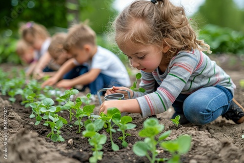 Children Planting Green Seedlings in a Garden Bed