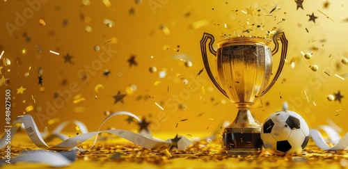 Golden Trophy Surrounded by Confetti and a Soccer Ball