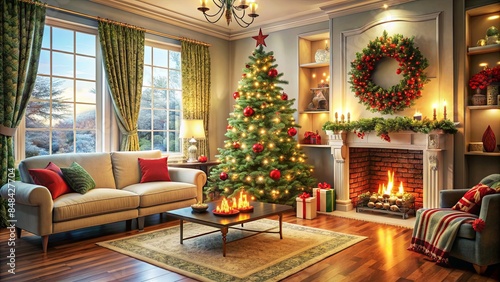 Cozy Christmas living room scene with fireplace, filled with the scent of pine and the sound of crackling firewood. The perfect place to enjoy a cup of hot cocoa. © Mikalai