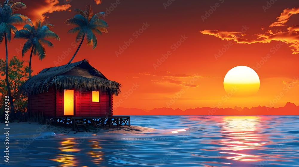 Tropical Sunset with Beach Hut and Palm Trees Tropical Sunset with Beach Hut and Palm Trees