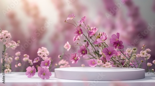 Natural beauty podium backdrop for product display with pink flowers ornaments, Spring floral summer background podium cosmetic valentine Easter field scene gift purple pink romantic display stage.  © sablengjago