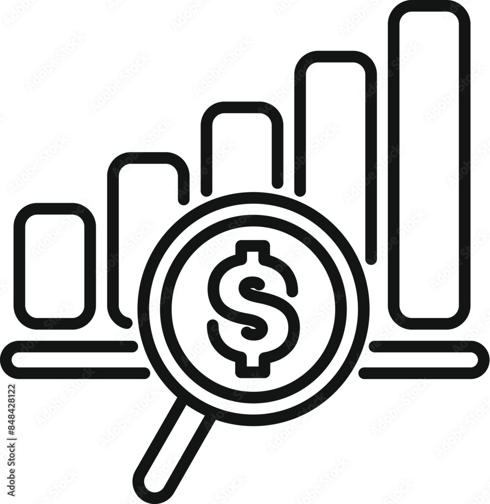 Magnifying glass is focusing on the growing value of the dollar represented by a line graph Magnifying glass is focusing on the growing value of the dollar represented by a line graph