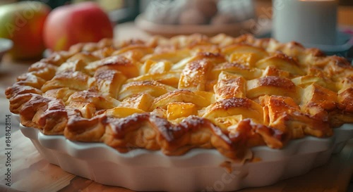 Closeup of a delicious homemade apple pie with golden crust, sweet apple filling, and a hint of cinnamon, freshly baked and ready to serve.
 photo