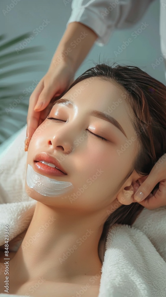 Naklejka premium Beautiful Asian Woman Enjoying Facial Treatment at Spa