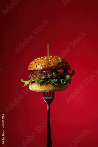 a hamburger on a fork with red background photo