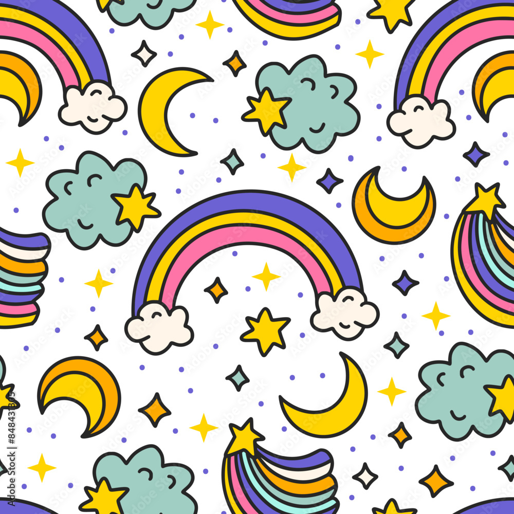Cute Cartoon Rainbow Clouds and Moon Seamless Pattern. Starry Rainbow Sky. Kids Birthday And Baby Shower Vector Background Cute Cartoon Rainbow Clouds and Moon Seamless Pattern. Starry Rainbow Sky. Kids Birthday And Baby Shower Vector Background