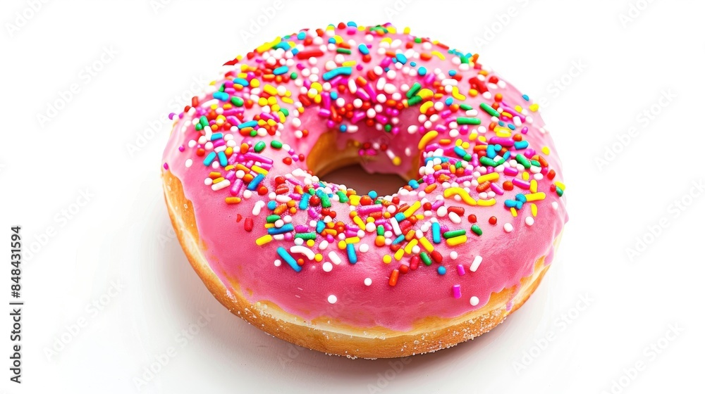 Pink donut with colorful sprinkles on a white background