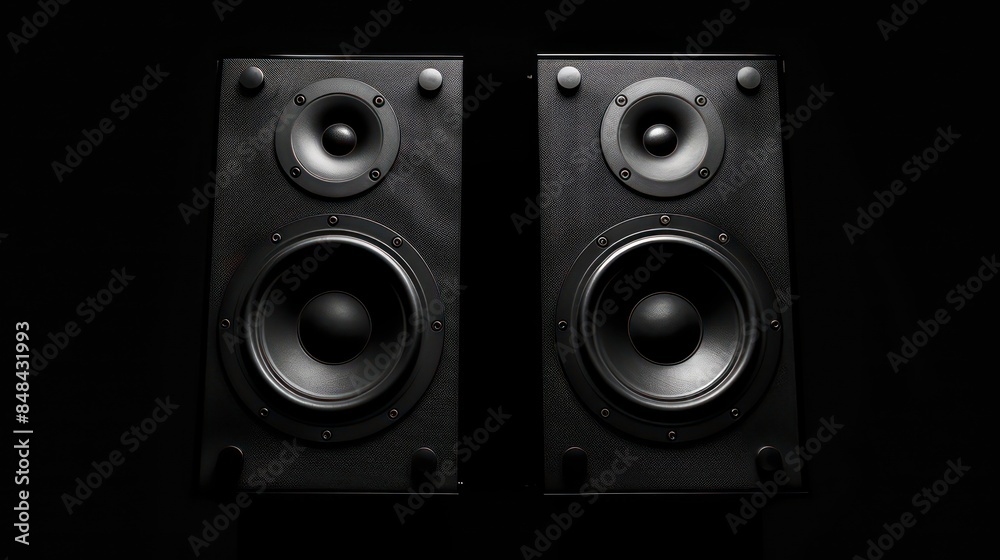 Pair Of Black Loud Speakers Isolated on black background. Generative AI Pair Of Black Loud Speakers Isolated on black background. Generative AI