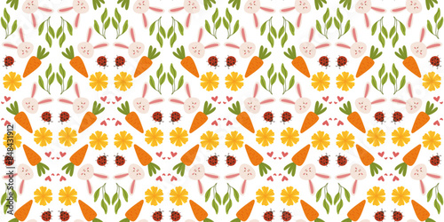 Spring pattern with flowers, ladybug, and bunnies in a cute, hand-drawn vector style. Perfect for children's items, textiles, and gift wrapping.