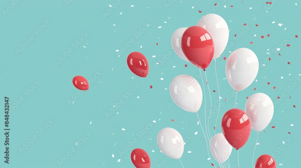 Fototapeta premium Red and white balloons with confetti on a blue background.