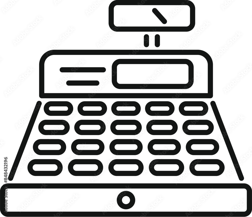 Line art icon of a cash register calculating a purchase amount and printing a receipt Line art icon of a cash register calculating a purchase amount and printing a receipt
