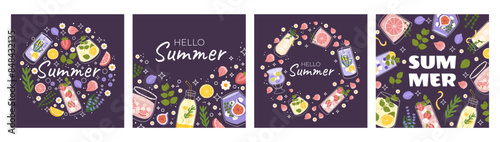 Set of four square post featuring vibrant, refreshing drinks with citrus, berries, and floral elements, purple background. Text Summer, decorative elements like daisies, leaves, fruit slices