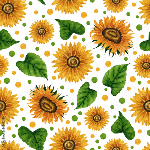 Watercolor sunflower seamless pattern. Floral background with yellow flowers. Summer floral composition. Autumn flowers arrangement. Hand drawn botanical illustration for packaging, textile, scrapbook