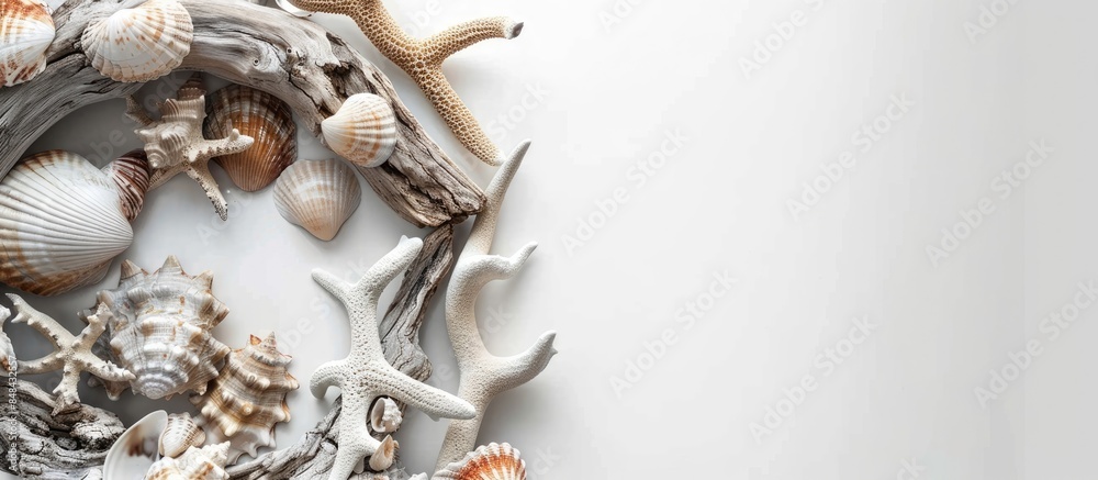 Obraz premium Sea Shell Wreath and Driftwood Arrangement on White Background: Abstract Artistic Display of Seaside Beauty. Top View with Copy Space.