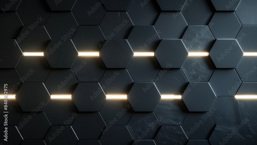 A dark wall with an elegant and modern hexagonal pattern illuminated by white LED lights, creating intricate shadows on the surface of concrete Generative AI