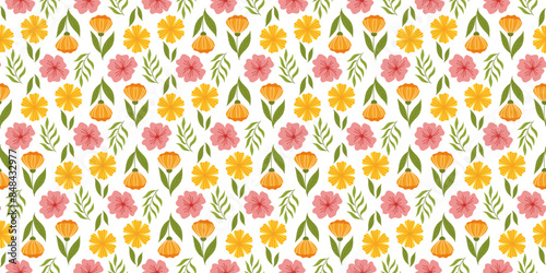Seamless design with floral elements. Botanical-inspired repetitive fabric or wallpaper pattern with orange flower on stem with leaf, yellow flower, cherry blossom, and leaves.