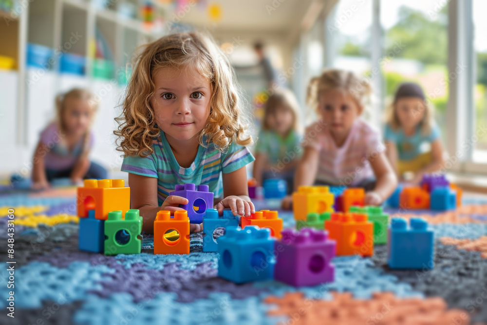 Preschool Children Playing With Colorful Building Blocks on Floor Mat Preschool Children Playing With Colorful Building Blocks on Floor Mat