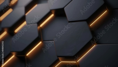 A dark wall with an LED light hexagonal pattern, creating dynamic lighting and shadows on the surface of the wall Generative AI