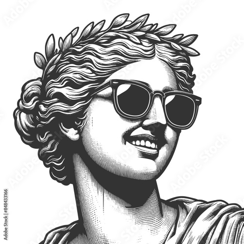 smiling classical statue wearing sunglasses, ancient sculpture with modern style sketch engraving generative ai fictional character vector illustration. Scratch board imitation. Black and white image.