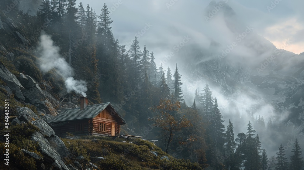 Capturing the peaceful solitude of a lone mountain cabin nestled among towering pines, with smoke curling from its chimney into the crisp alpine air Capturing the peaceful solitude of a lone mountain cabin nestled among towering pines, with smoke curling from its chimney into the crisp alpine air