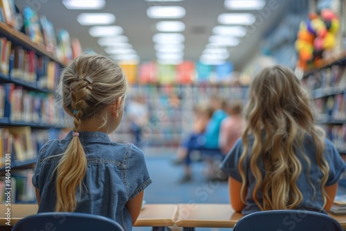 Two Young Girls Sit At A Desk In A Library, Facing Away From The Camera