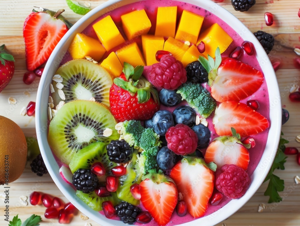 Featuring a colorful smoothie bowl topped with an assortment of sliced fruits and vegetables, arranged beautifully to highlight their textures and colors Featuring a colorful smoothie bowl topped with an assortment of sliced fruits and vegetables, arranged beautifully to highlight their textures and colors