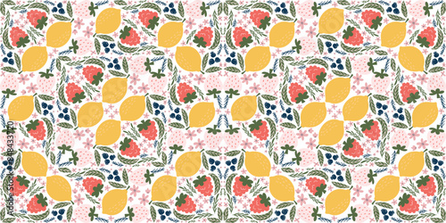 Vibrant seamless pattern featuring white strawberries, raspberries, lemons, blackberries, pink flowers, and green leaves, arranged in a whimsical diamond-shaped layout.