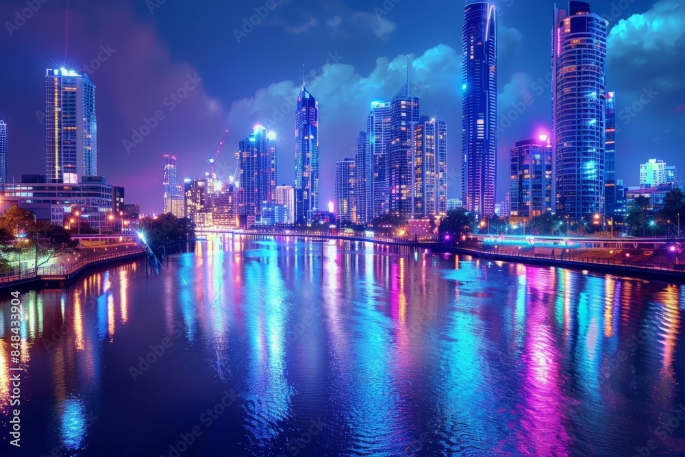 Featuring a vibrant city skyline reflected in the calm waters of a river at night, with colorful lights creating a mesmerizing urban landscape Featuring a vibrant city skyline reflected in the calm waters of a river at night, with colorful lights creating a mesmerizing urban landscape