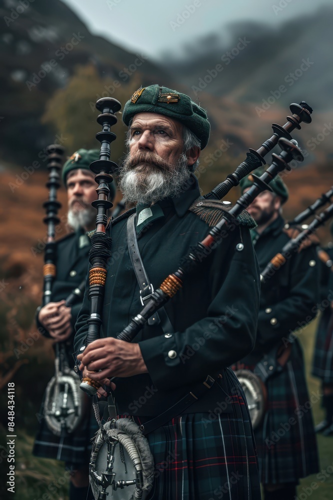 a group men in kilts playing bagpipes a group men in kilts playing bagpipes