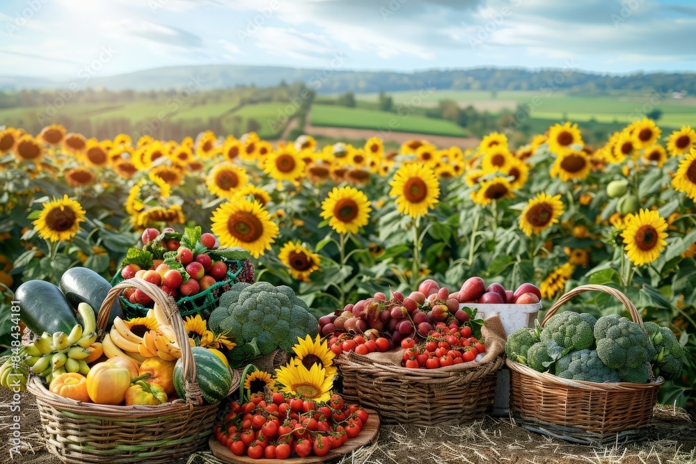 Highlighting a field of sunflowers with a foreground of ripe fruits and vegetables in baskets, creating a picturesque and abundant harvest scene in a rural setting Highlighting a field of sunflowers with a foreground of ripe fruits and vegetables in baskets, creating a picturesque and abundant harvest scene in a rural setting