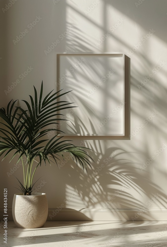 Framed White Wall With Palm Tree Shadow in Sunlight Framed White Wall With Palm Tree Shadow in Sunlight