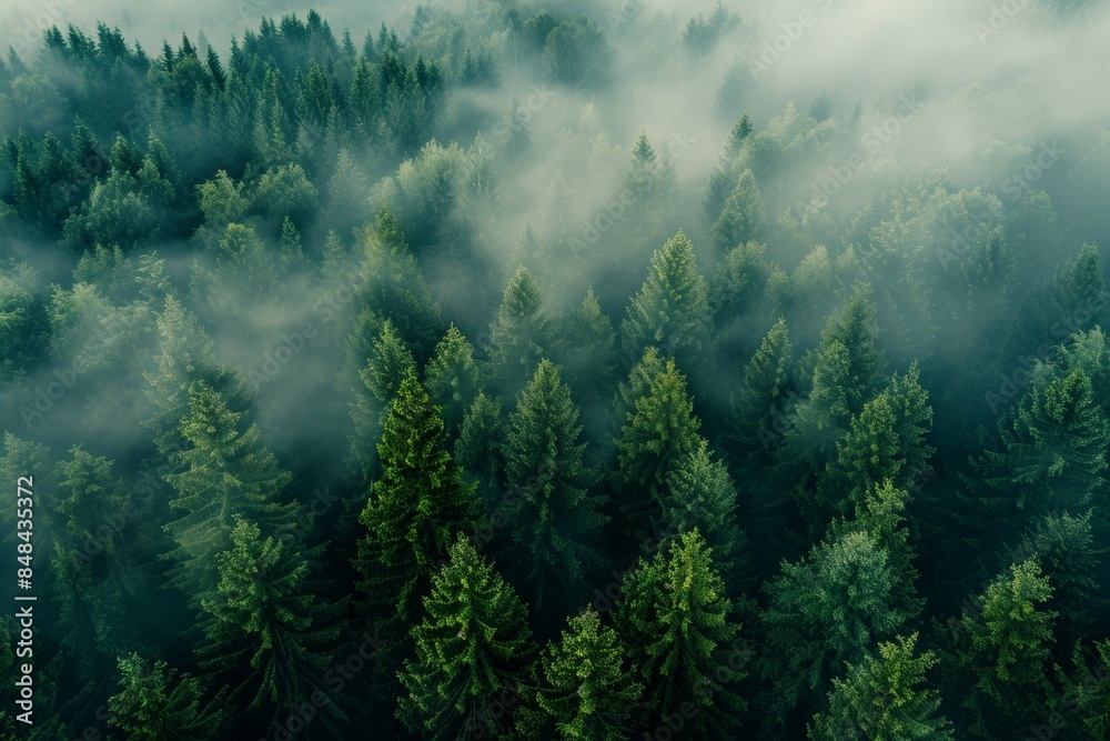Misty Forest Aerial Photograph with Pine Trees. Foggy, Atmospheric Nature Background Misty Forest Aerial Photograph with Pine Trees. Foggy, Atmospheric Nature Background