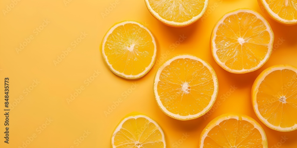 group of oranges cut in half on a yellow background group of oranges cut in half on a yellow background