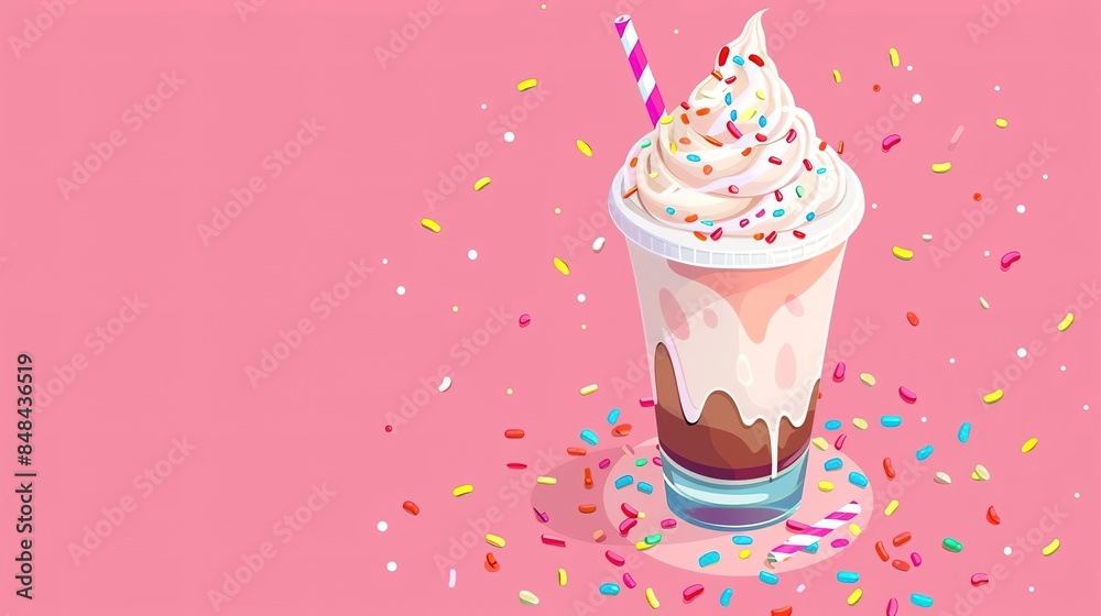 A delicious chocolate milkshake with whipped cream and sprinkles on a pink background. A delicious chocolate milkshake with whipped cream and sprinkles on a pink background.