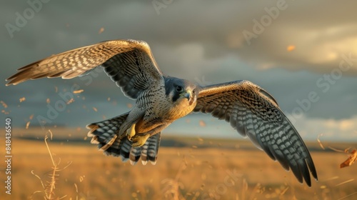 A falcon flies low over a grassy field. AI.