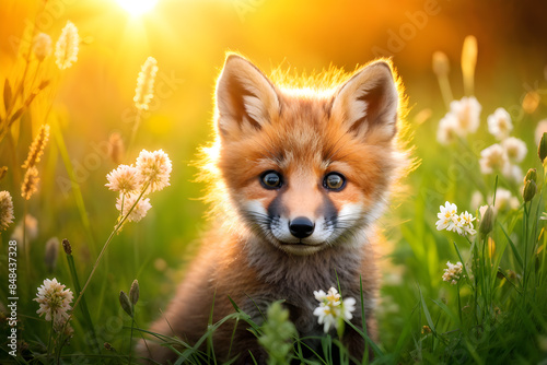 Wild fox cub amongst spring flowers in sunset’s warm embrace