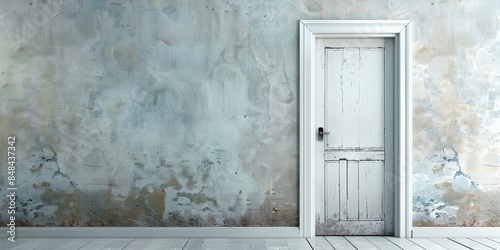 door in a room with a wall painted with a blue and white color scheme and a wooden floor