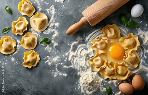 Homemade Ravioli Preparation With Flour, Eggs, and Rolling Pin