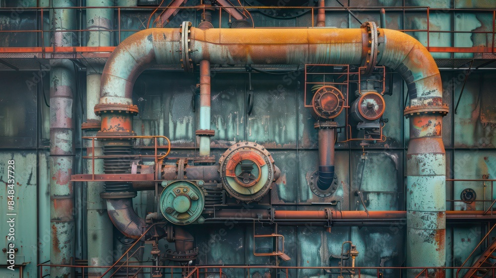 Pipes, tubes, machinery and steam turbine at a power plant background, extra wide. Generative AI Pipes, tubes, machinery and steam turbine at a power plant background, extra wide. Generative AI