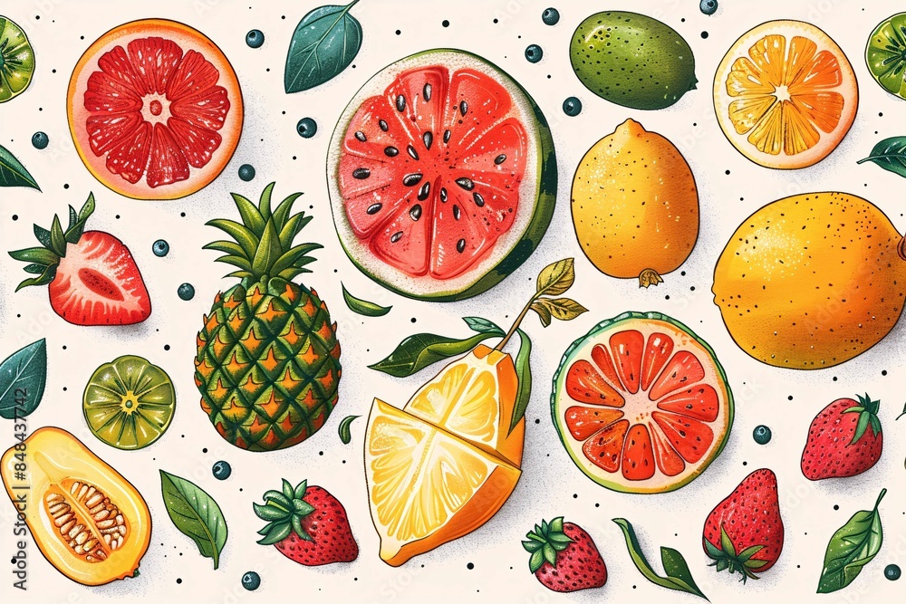 Playful and colorful summer fruits pattern on light background. Playful and colorful summer fruits pattern on light background.